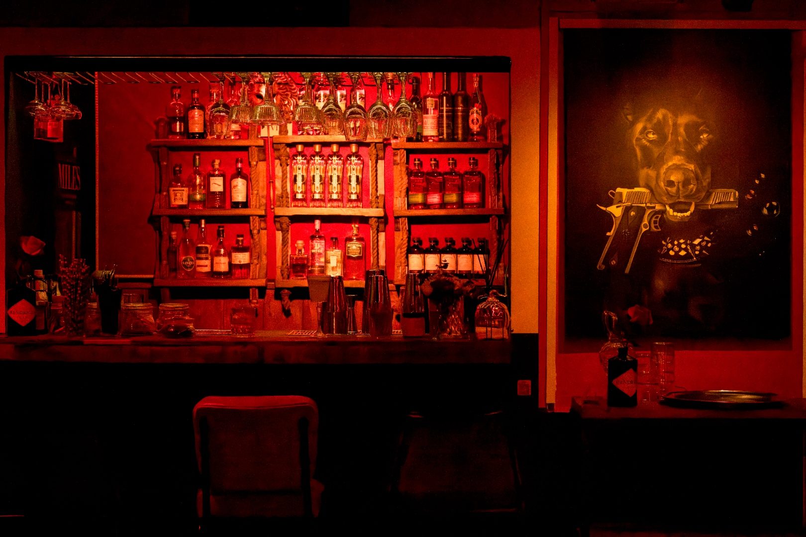 In Confidence — bar del speakeasy con cuadro de doberman